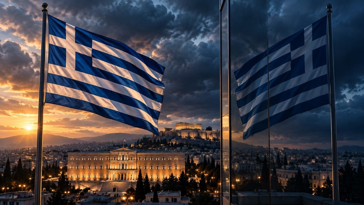 Ελληνική σημαία και η αντανάκλασή της, με τη Βουλή και την Ακρόπολη στο φόντο.